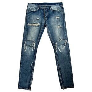 MNML Jeans Men's 36x34 Stacked Denim Distressed Blue Stretch Skinny Ankle Zipper